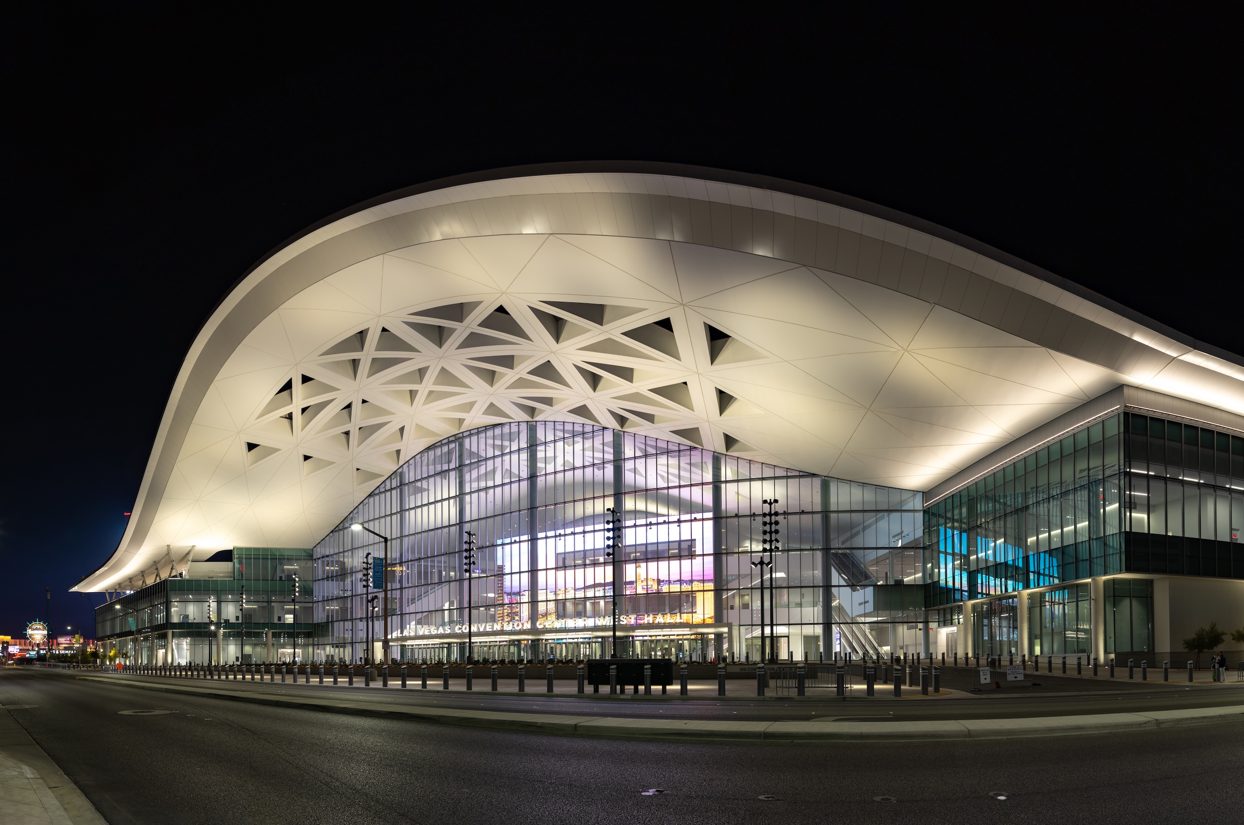 A picture of the Las Vegas Convention Center West Hall at night.